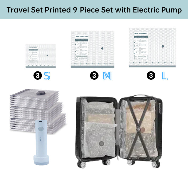 Rechargeable Travel Vacuum Storage Bags with Electric Pump – 9 Piece Set