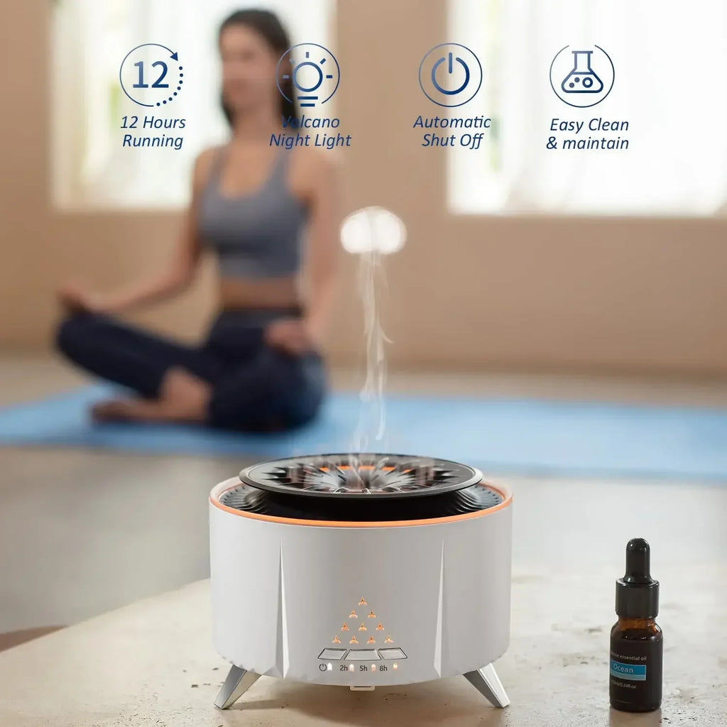 Flame Aroma Diffuser with White Noise Volcanic Lava Large Humidifier Jellyfish Mist Style Essential Oil Diffuser 3 Speed Modes