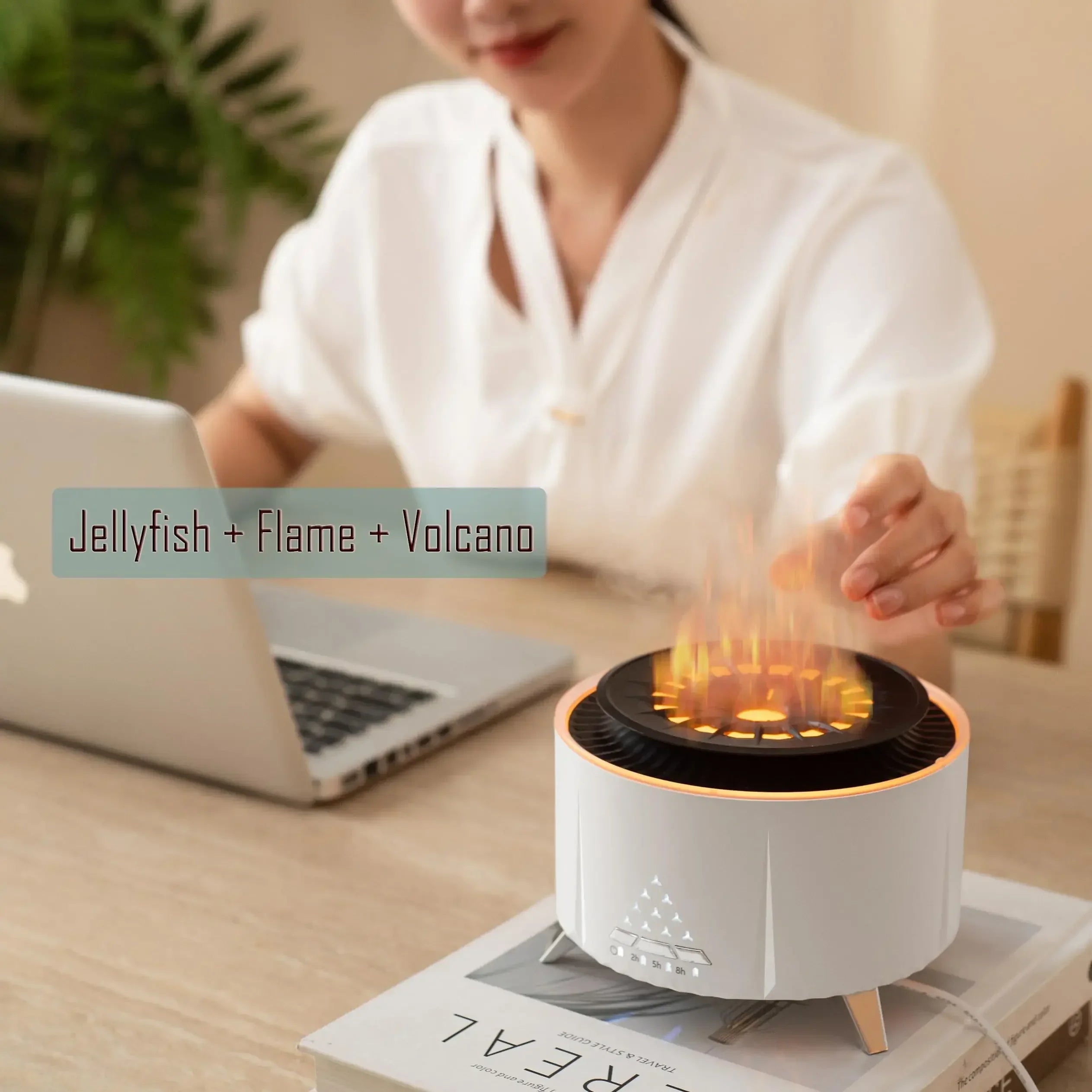 Flame Aroma Diffuser with White Noise Volcanic Lava Large Humidifier Jellyfish Mist Style Essential Oil Diffuser 3 Speed Modes