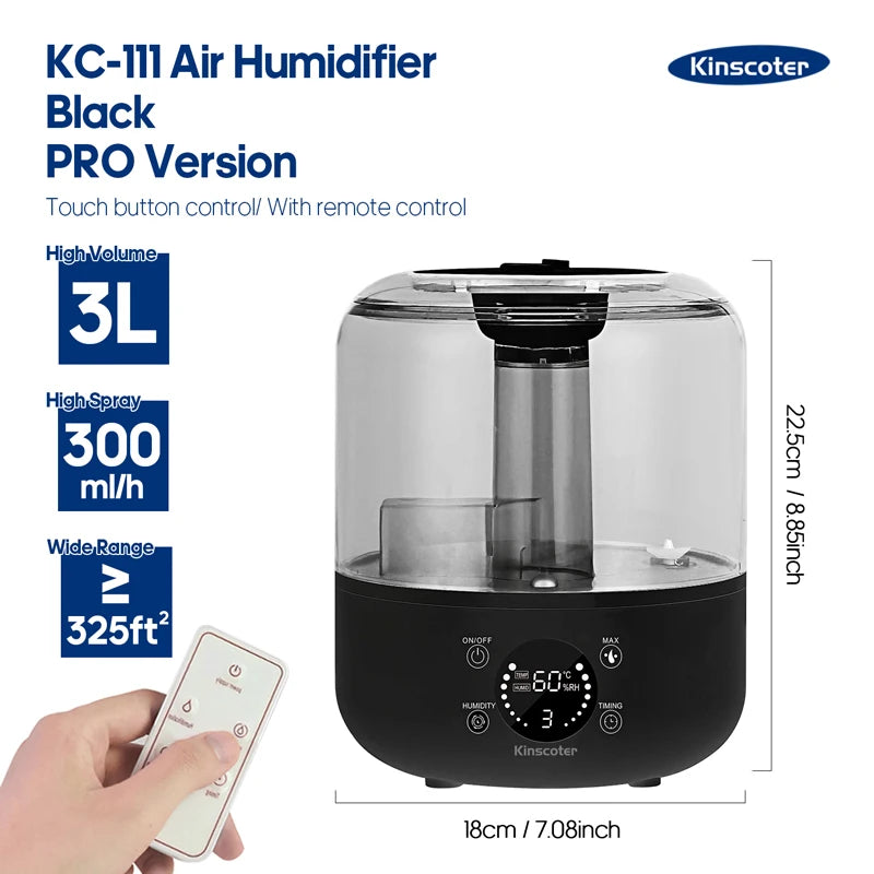 KINSCOTER 3L Air Humidifier Professional Large Capacity Home Humidifier Plant Mist Aroma Diffuser with Remote Control Timer