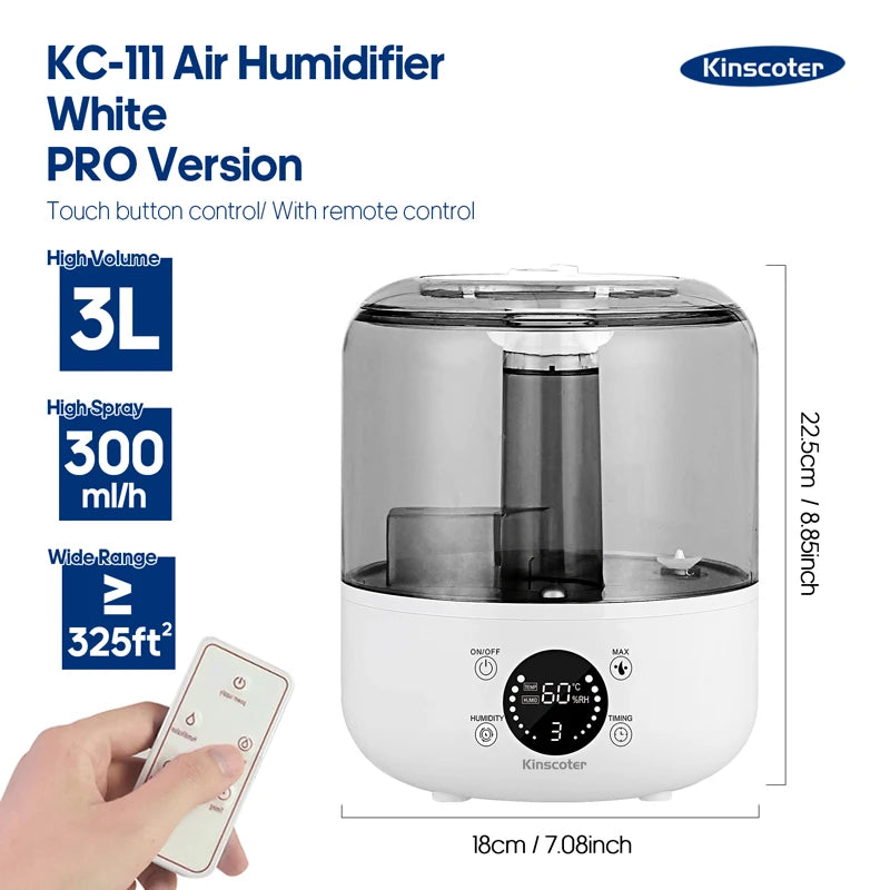 KINSCOTER 3L Air Humidifier Professional Large Capacity Home Humidifier Plant Mist Aroma Diffuser with Remote Control Timer